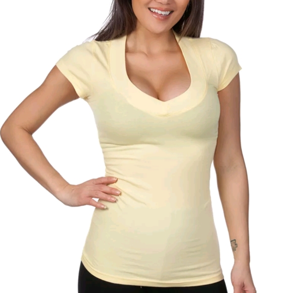 Yellow deep vneck short sleeve basic solid top - Picture 1 of 2